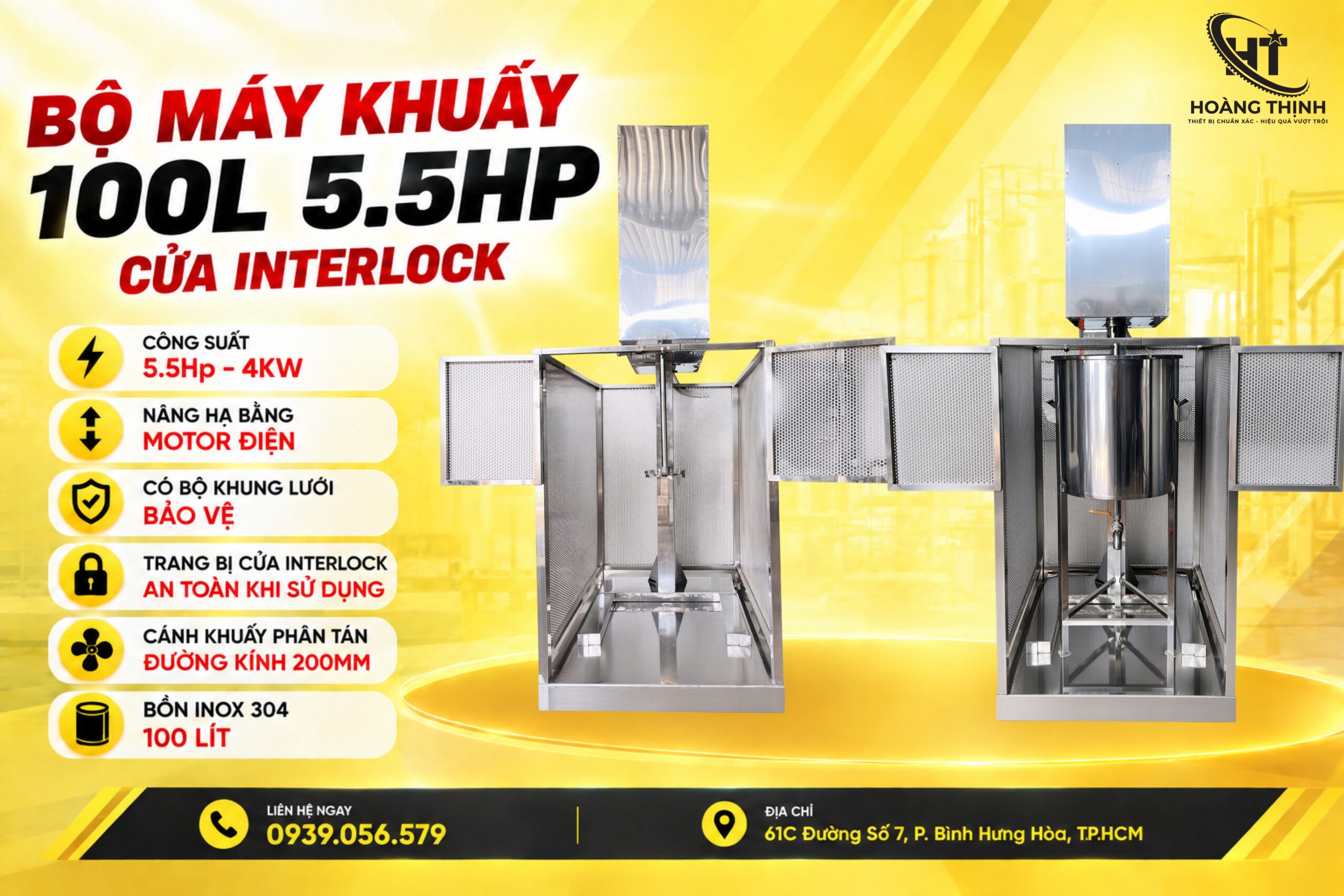 Thông tin tổng quan về bộ máy khuấy 100L 5.5HP cửa Interlock